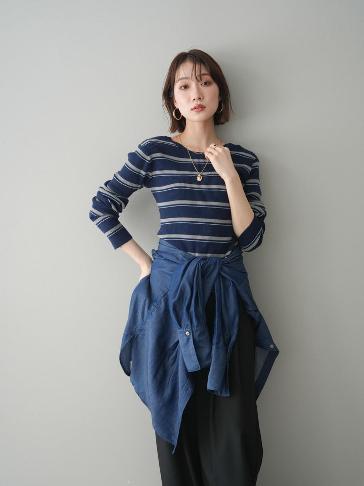 [予約]バックオープンテレコリブマルチボーダートップス/navy