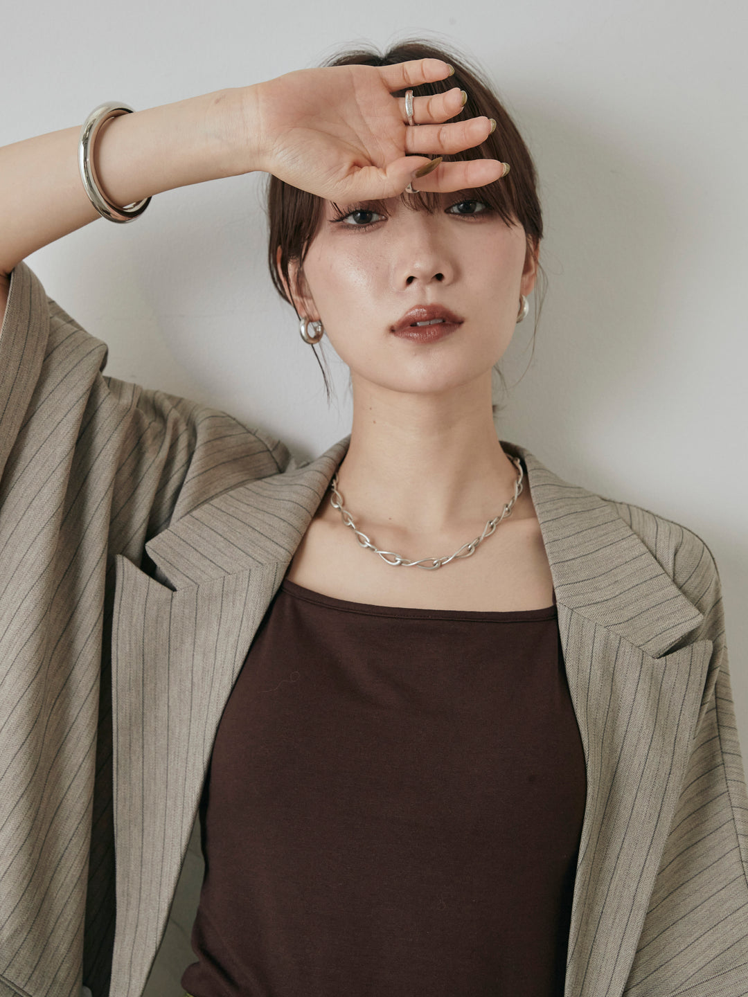 [予約]バックオーガンジーヘリンボーンストライプハーフジャケット/グレージュ