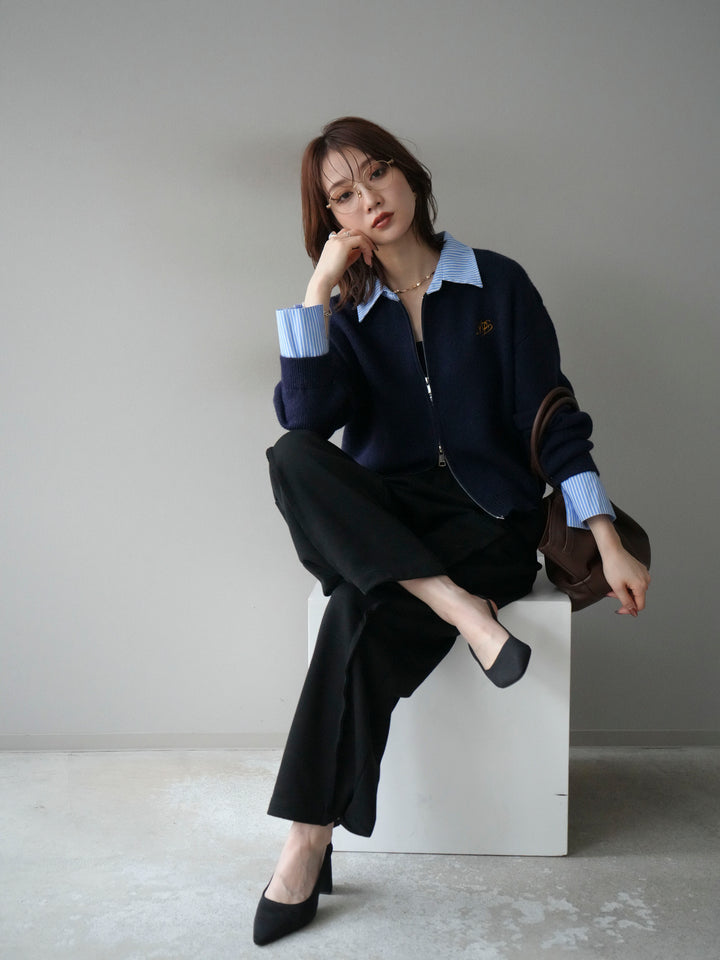 [予約]ストライプシャツレイヤードZIPニットカーディガン/navy