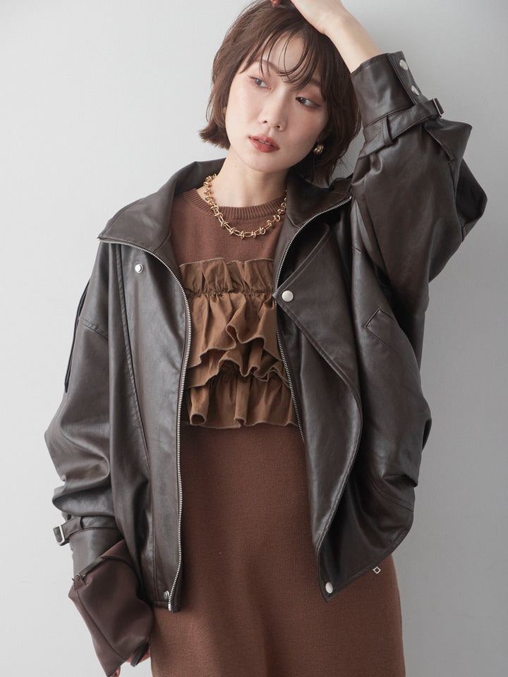 [予約]フリルデザインリブニットワンピース/brown