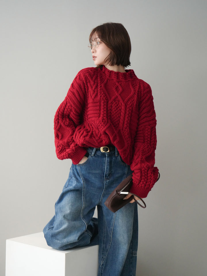 [予約]ケーブル編みモックネックニットプルオーバー/red