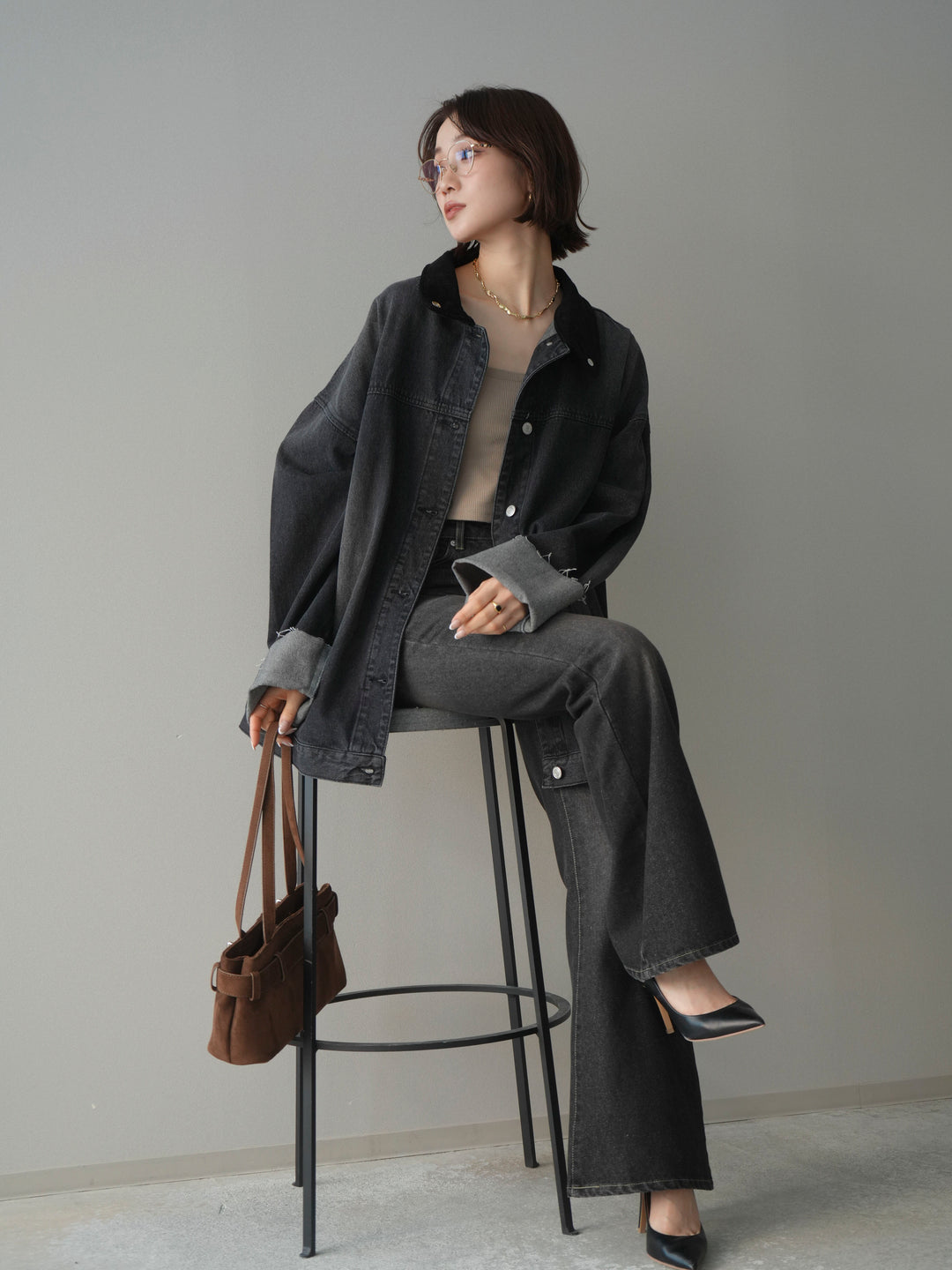 [SET]コーデュロイ×デニムミドルジャケット+フレアデニムパンツ(2set)