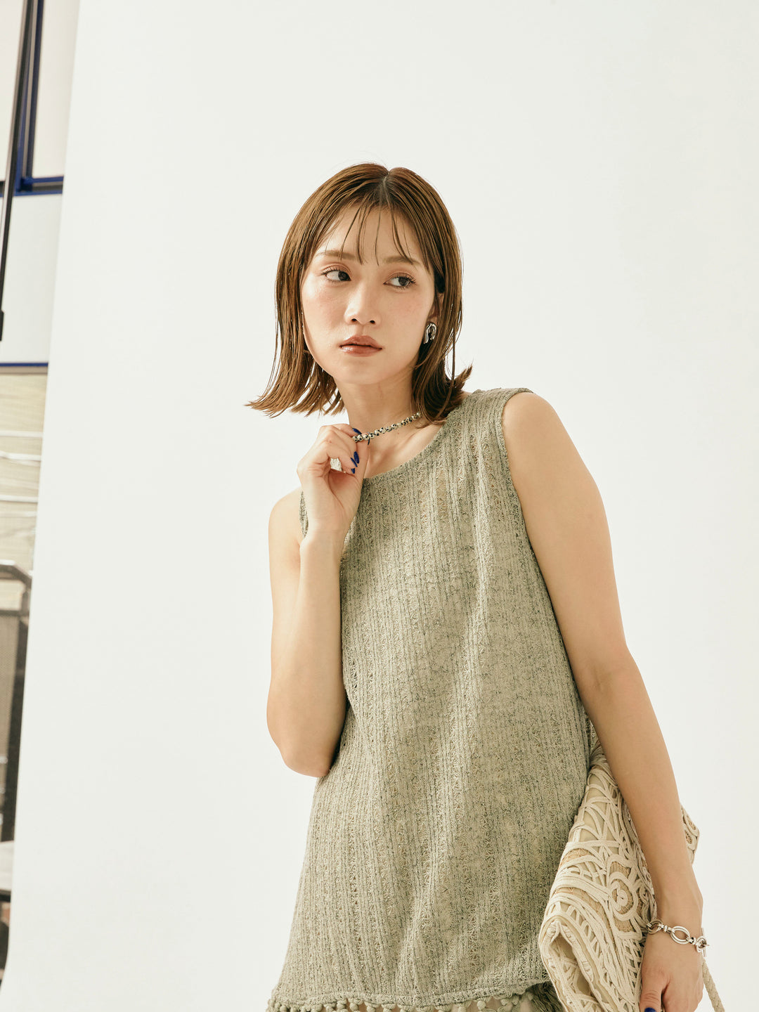 [予約]フリンジ透かし編みニットベスト/カーキ