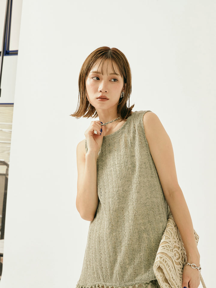 [予約]フリンジ透かし編みニットベスト/カーキ