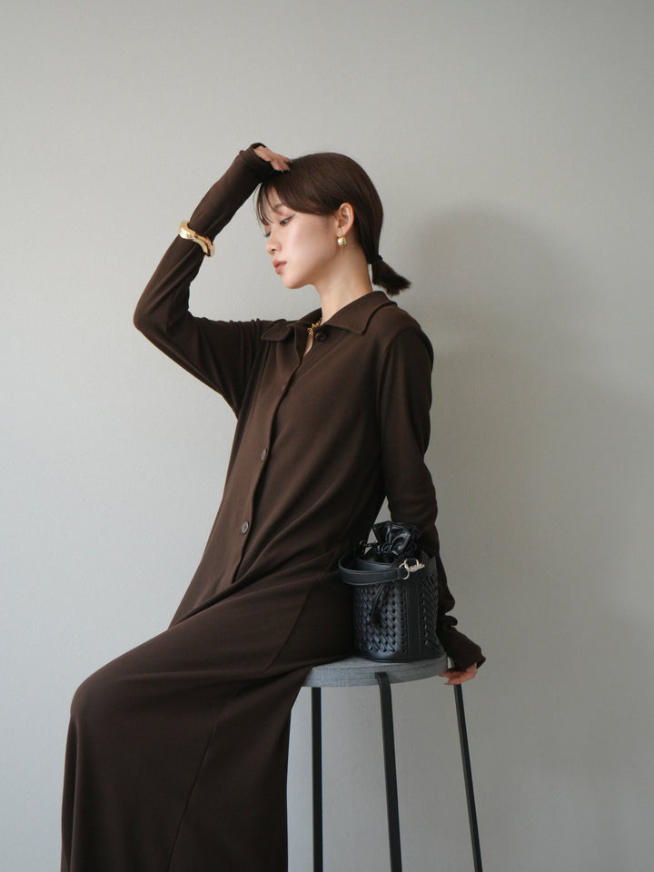 [予約]襟付きカットリブボタンワンピース/ブラウン