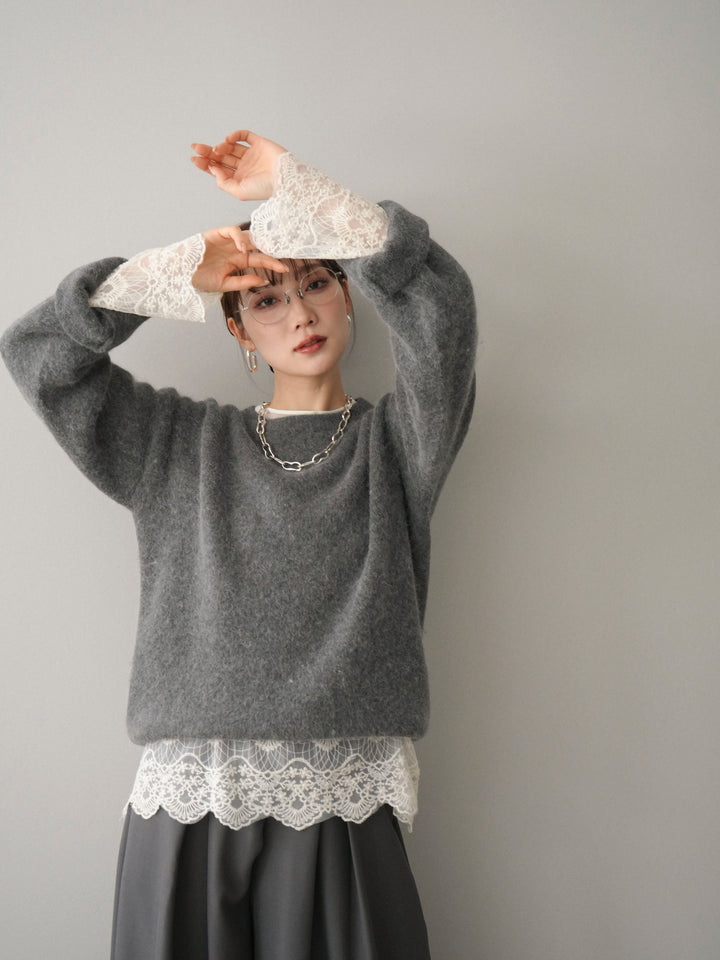 [SET]アンゴラタッチクルーネックニットプルオーバー+チュールレーストップス+テープベルトタックバギーパンツ(3set)