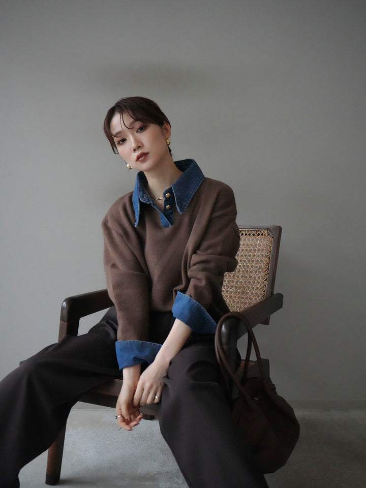 [SET]デニム襟ポロニットプルオーバー+選べるアクセセット(2set)