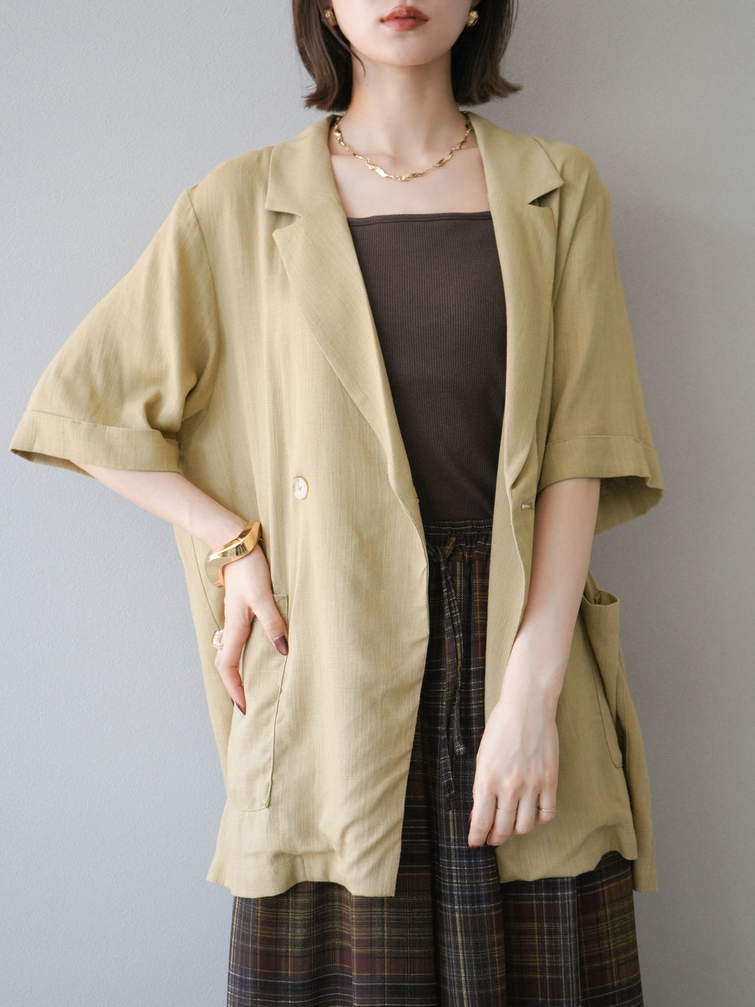 [予約]ライトリネンハーフスリーブジャケット/ベージュ