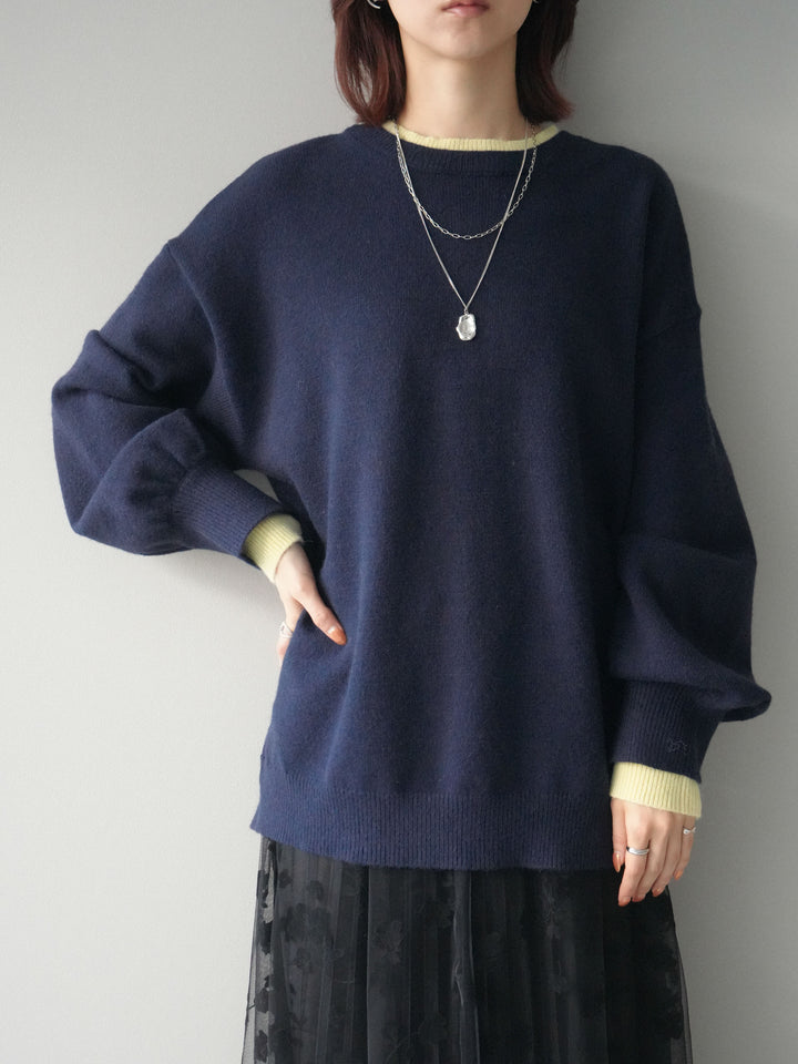 [SET]ヘンリーネック配色レイヤードニットプルオーバー+フラワーフロッキーチュールプリーツスカート(2set)