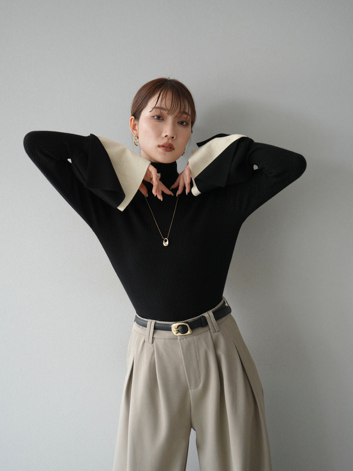 [SET] 疊層喇叭袖高領針織上衣 + 雙褶寬褲 (2 套)