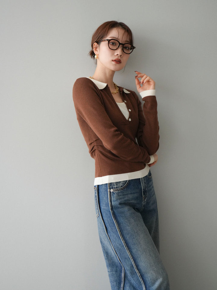 [予約]レイヤード配色ポロニットトップス/brown