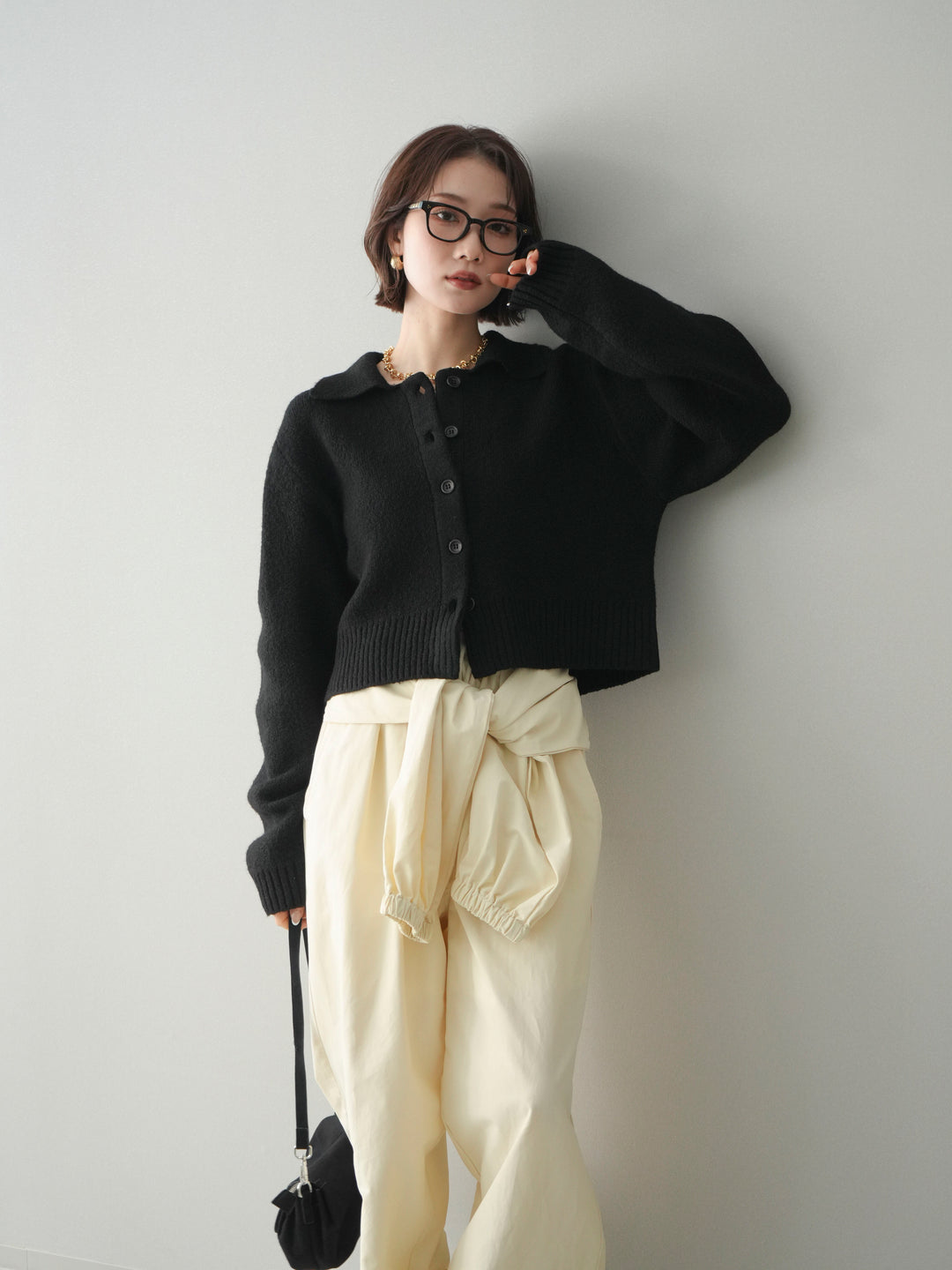 [予約]メランジニット襟付きクロップドカーディガン/black