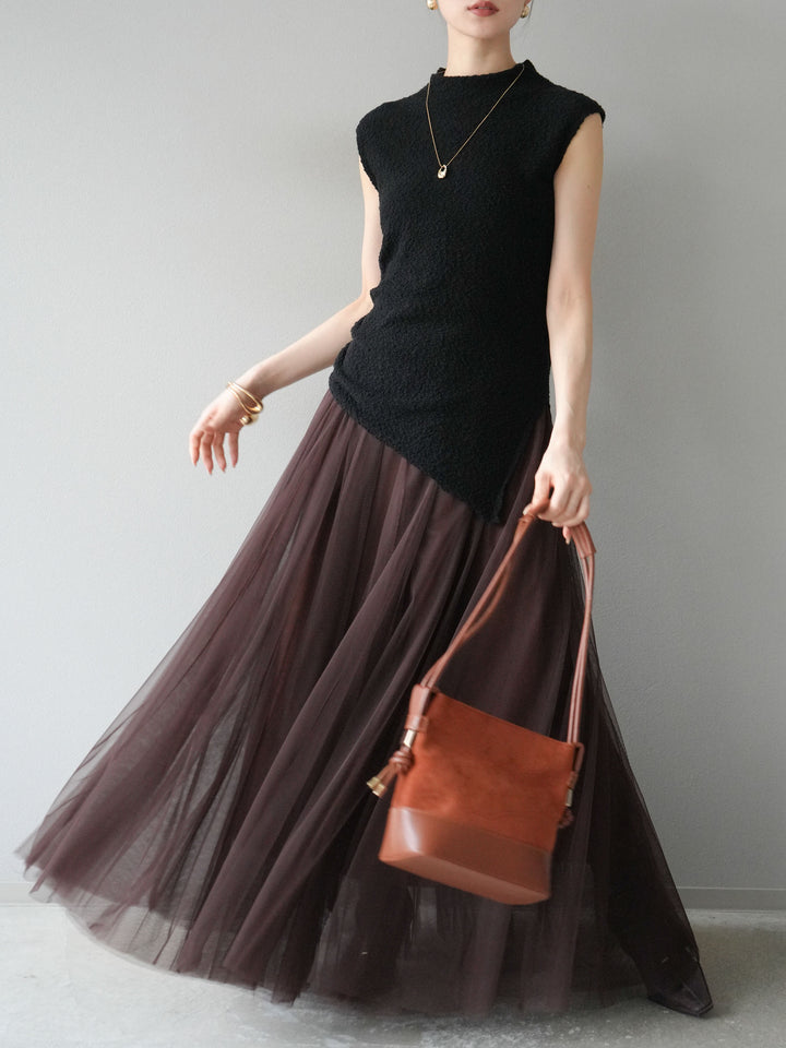 [SET]ブークレアシメニットノースリーブトップス+チュールボリュームスカート(2set)