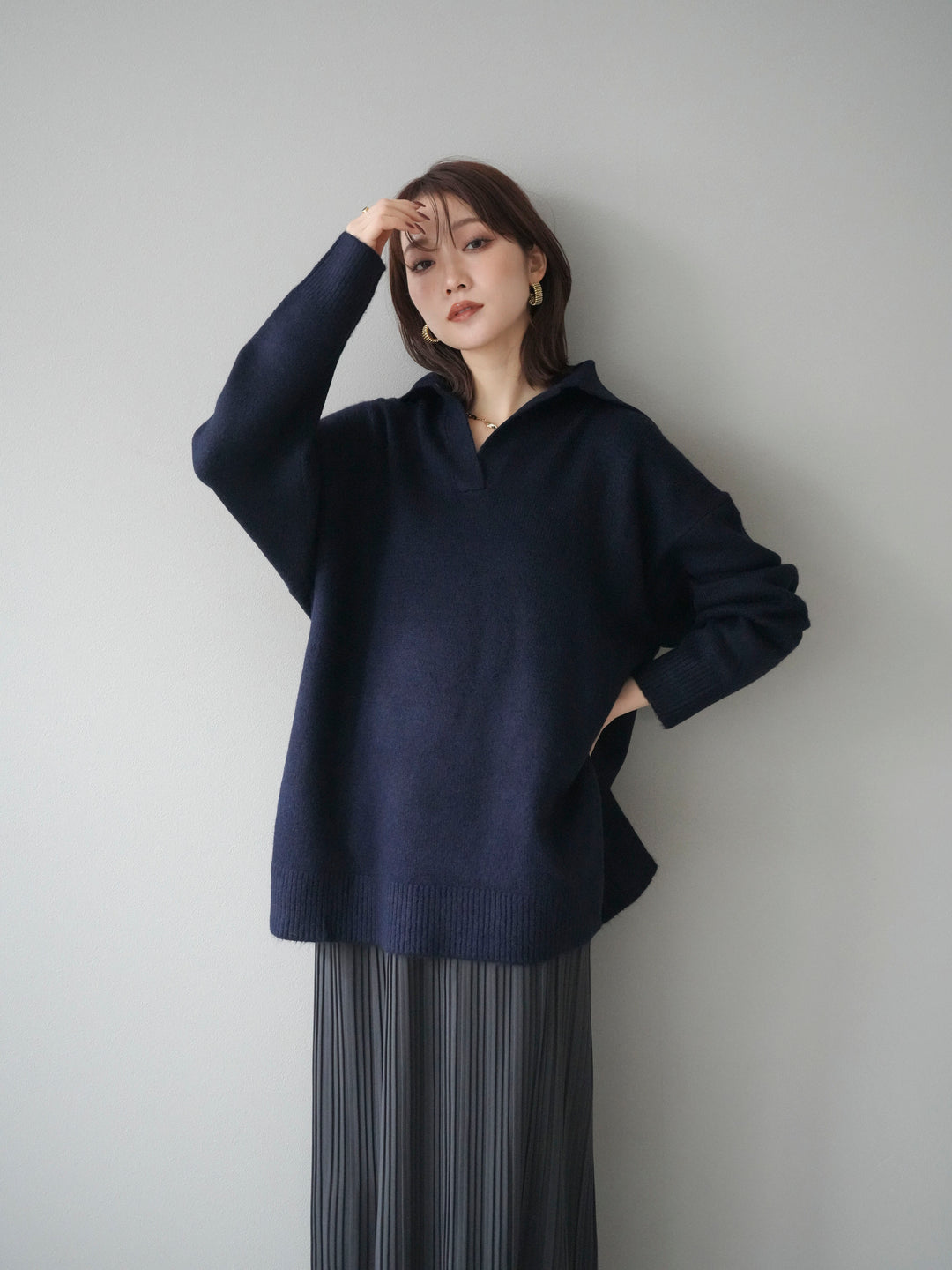 [予約]スキッパーオーバーニットプルオーバー/navy