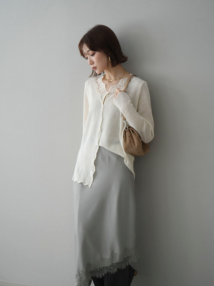 [SET]レースネックジャガードニットカーディガン+センターシームフレアパンツ(2set)