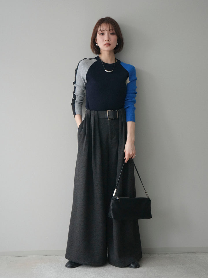 [SET]バイカラーラグランニットトップス+ベルトデザインループウールワイドパンツ(ベルト付)(2set)