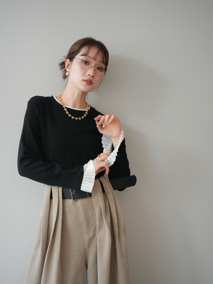 [予約]袖プリーツ配色レイヤードトップス/black