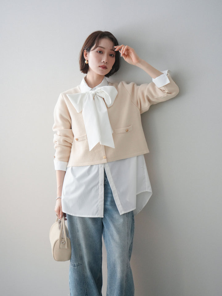 [予約]ゴールドボタンノーカラーニットジャケット/ivory