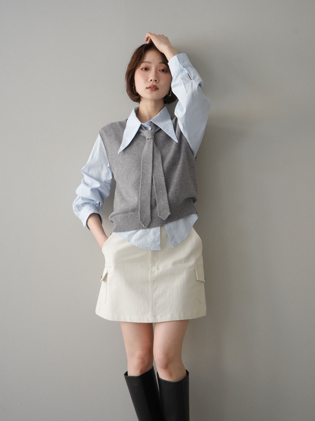 【套裝】蝴蝶結針織背心套裝襯衫+繫帶工裝迷你裙（兩件組）