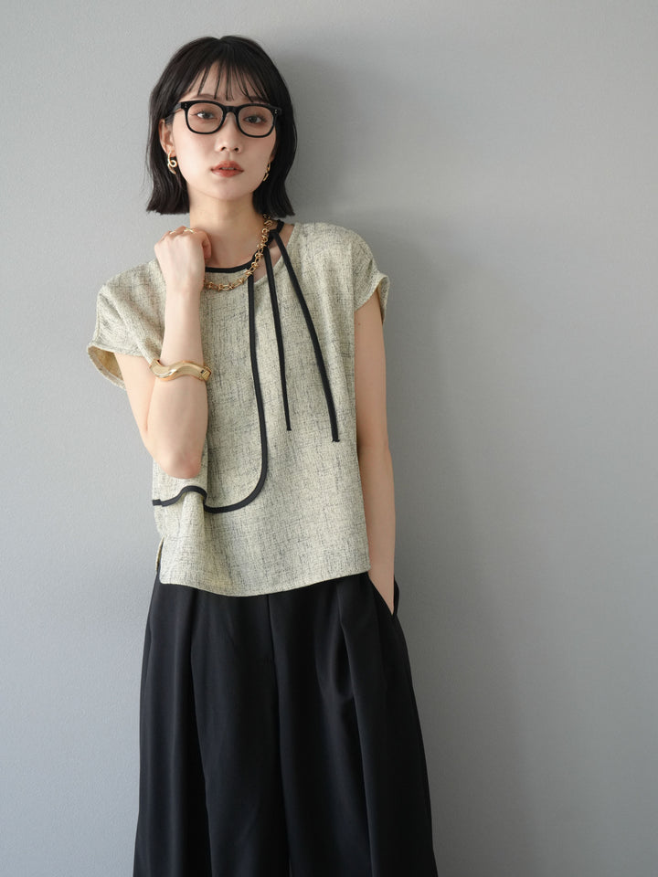 [SET]サマーツイードケープデザインプルオーバー+クレープシフォンタックワイドパンツ(2set)