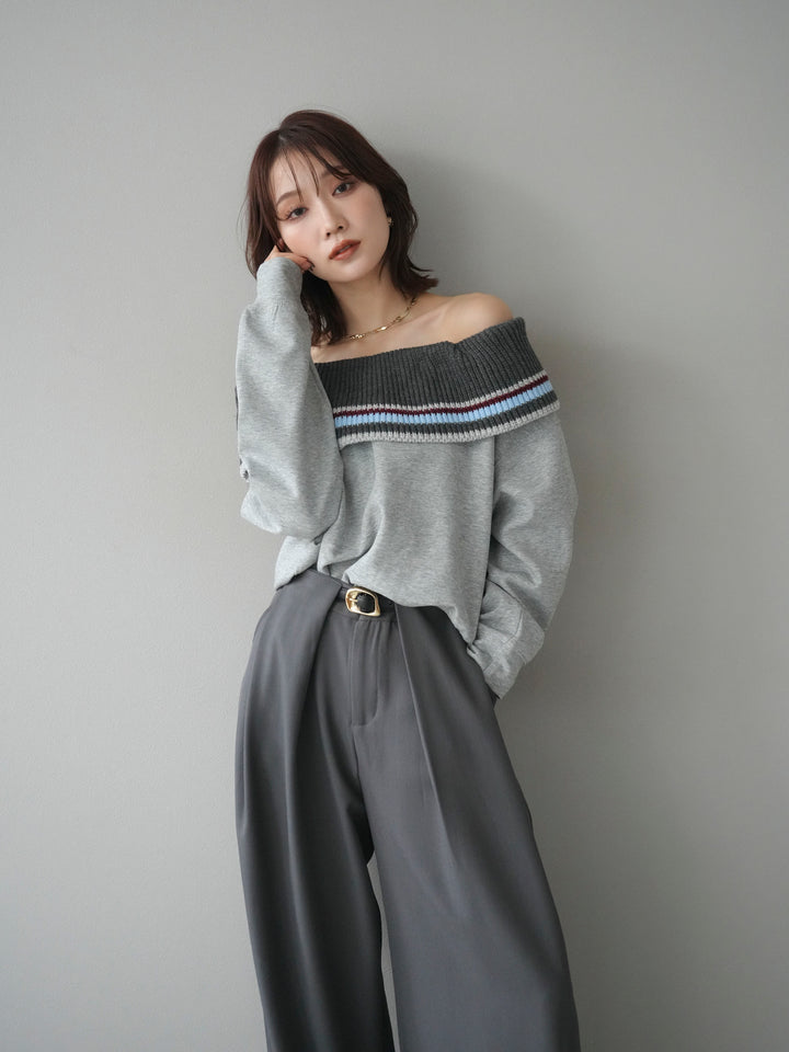[予約]ボーダーニットオフショルダーxスウェットプルオーバー/gray