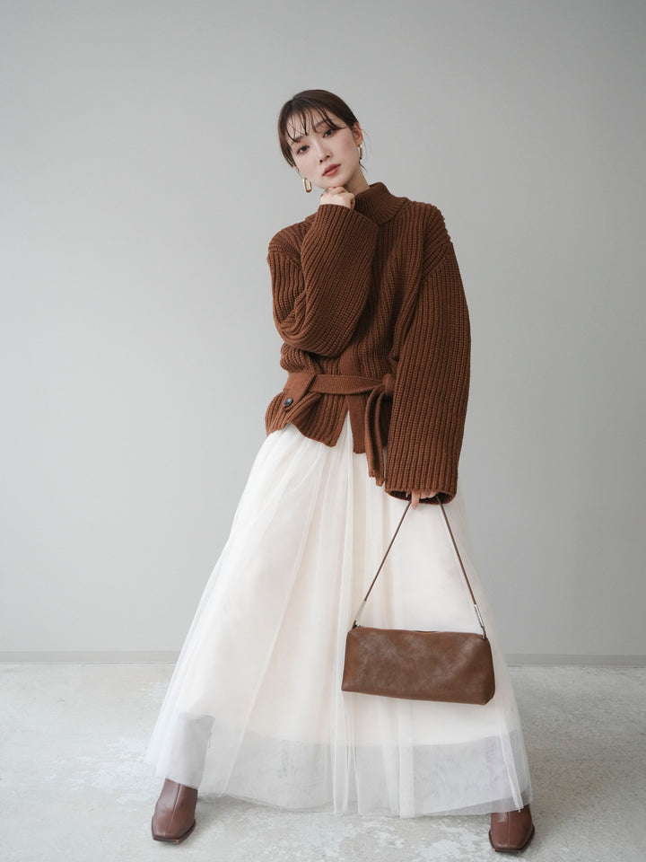 [予約]畦編みボトルネックZIPニットカーディガン/brown