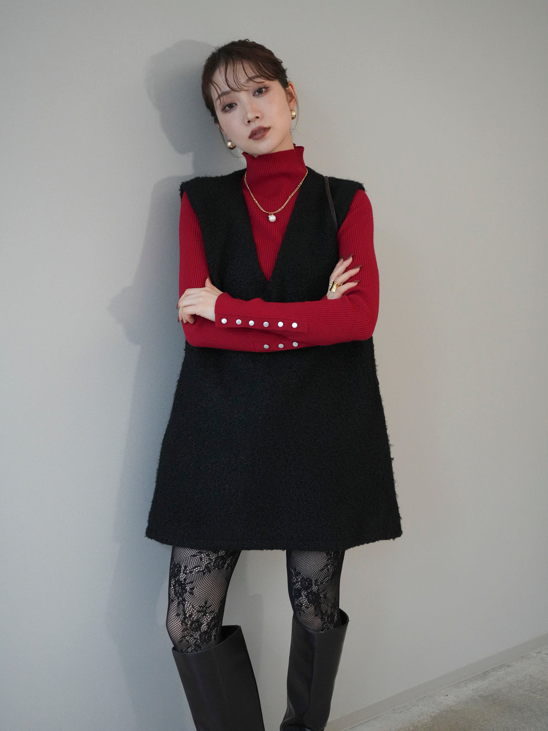 [予約]ミックスループヤーンニットミニワンピース/black