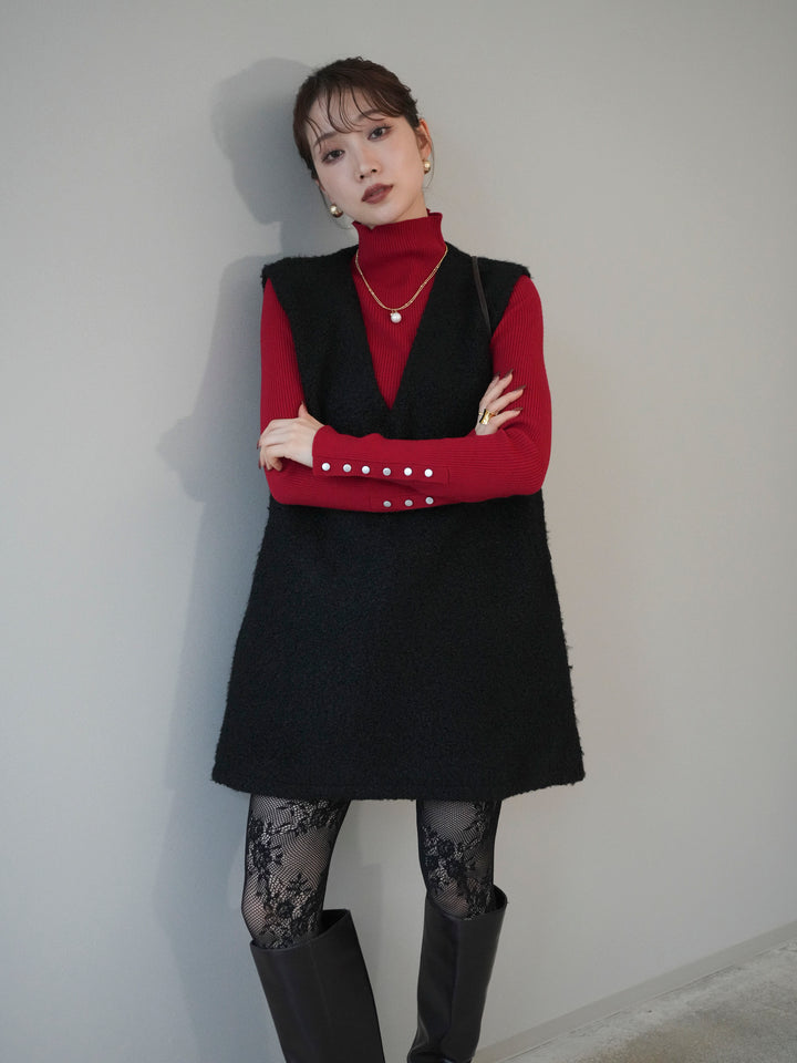 [予約]ミックスループヤーンニットミニワンピース/black