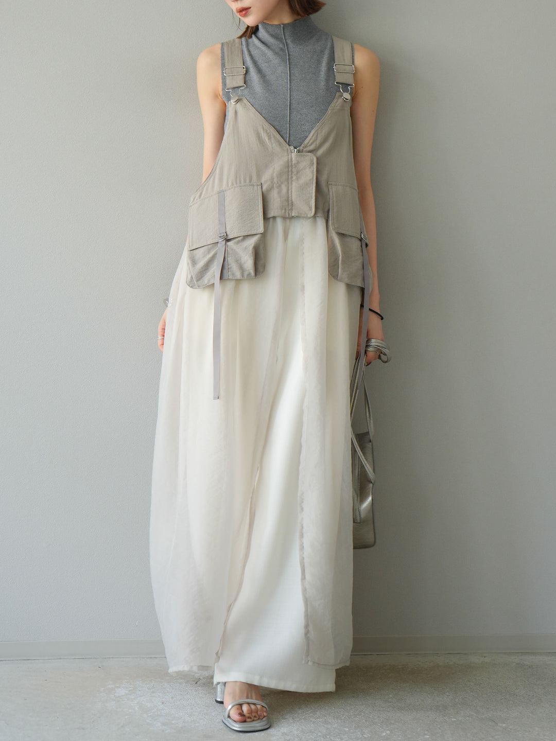 [予約]タクティカルベストオーガンザワンピース/グレージュ