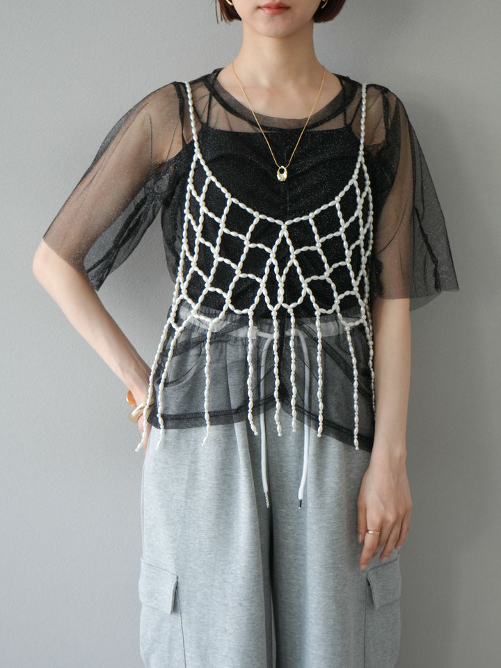 [SET]ラメチュールシャーリングプルオーバー+パールフリンジビスチェ+ウエストラインサイドポケットスウェットパンツ(3set)