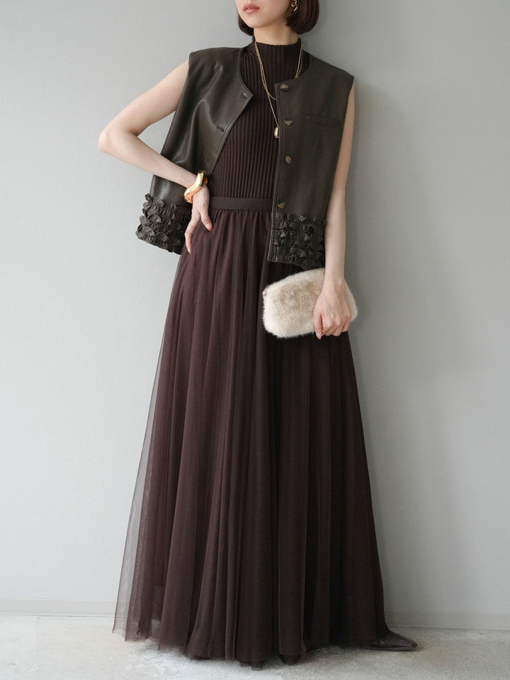 [予約]コンパクトフリルレザーベスト/ブラウン