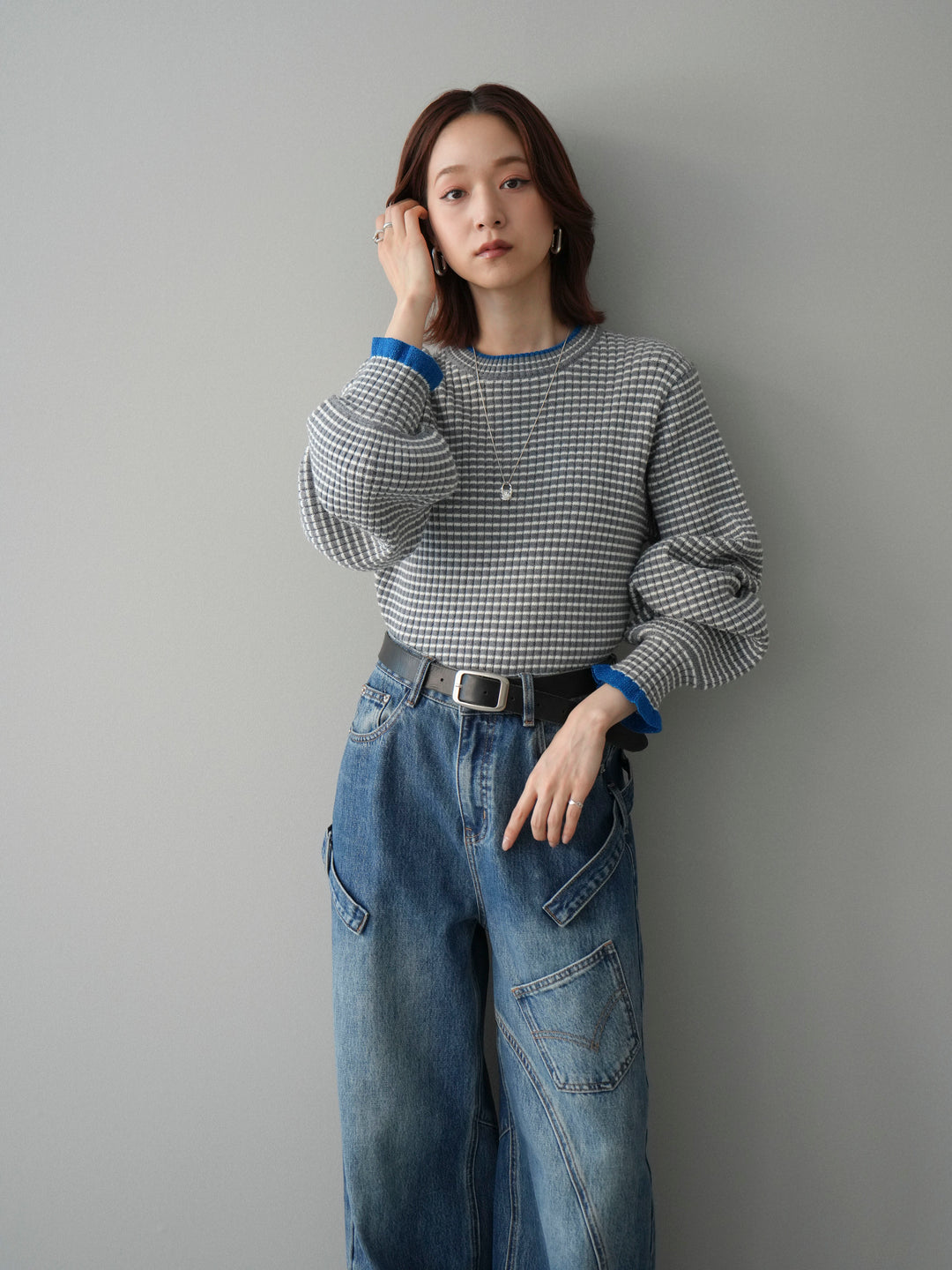 [SET]ラメ異素材ボーダーリブニットプルオーバー+ペインターカーブデニムパンツ(2set)