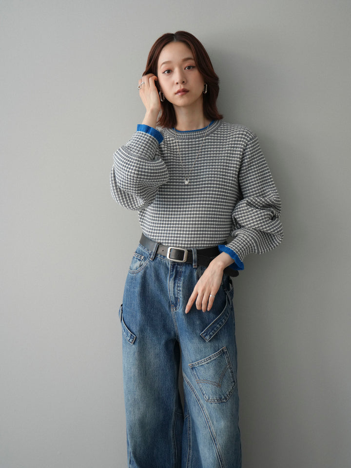 [SET]ラメ異素材ボーダーリブニットプルオーバー+ペインターカーブデニムパンツ(2set)