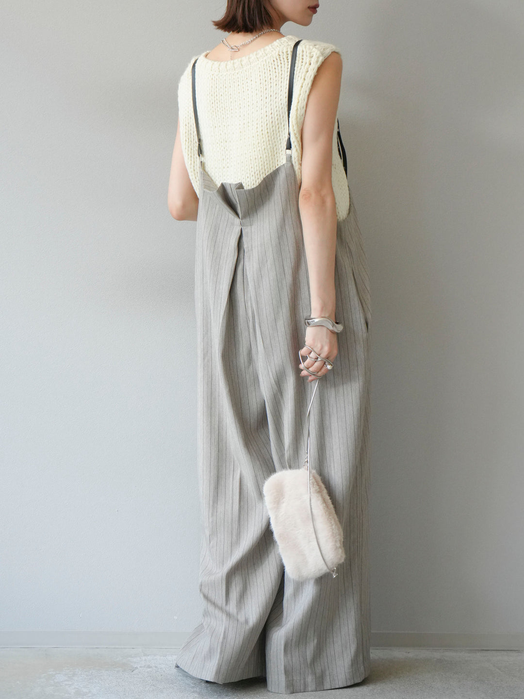 [予約]ヘリンボーンストライプサロペット/グレージュ