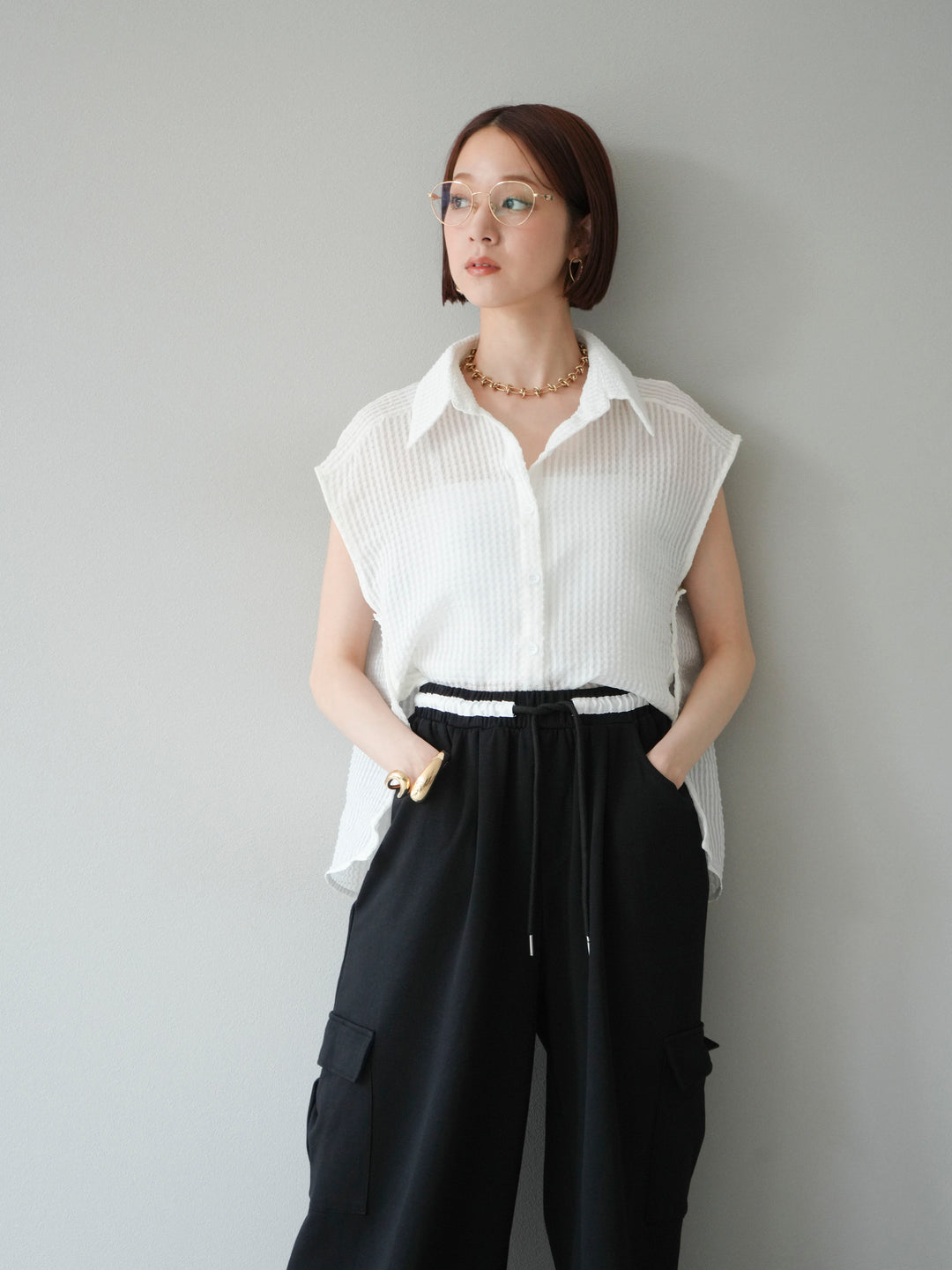 [SET]シアーチェックノースリーブシャツ+ウエストラインサイドポケットスウェットパンツ(2set)