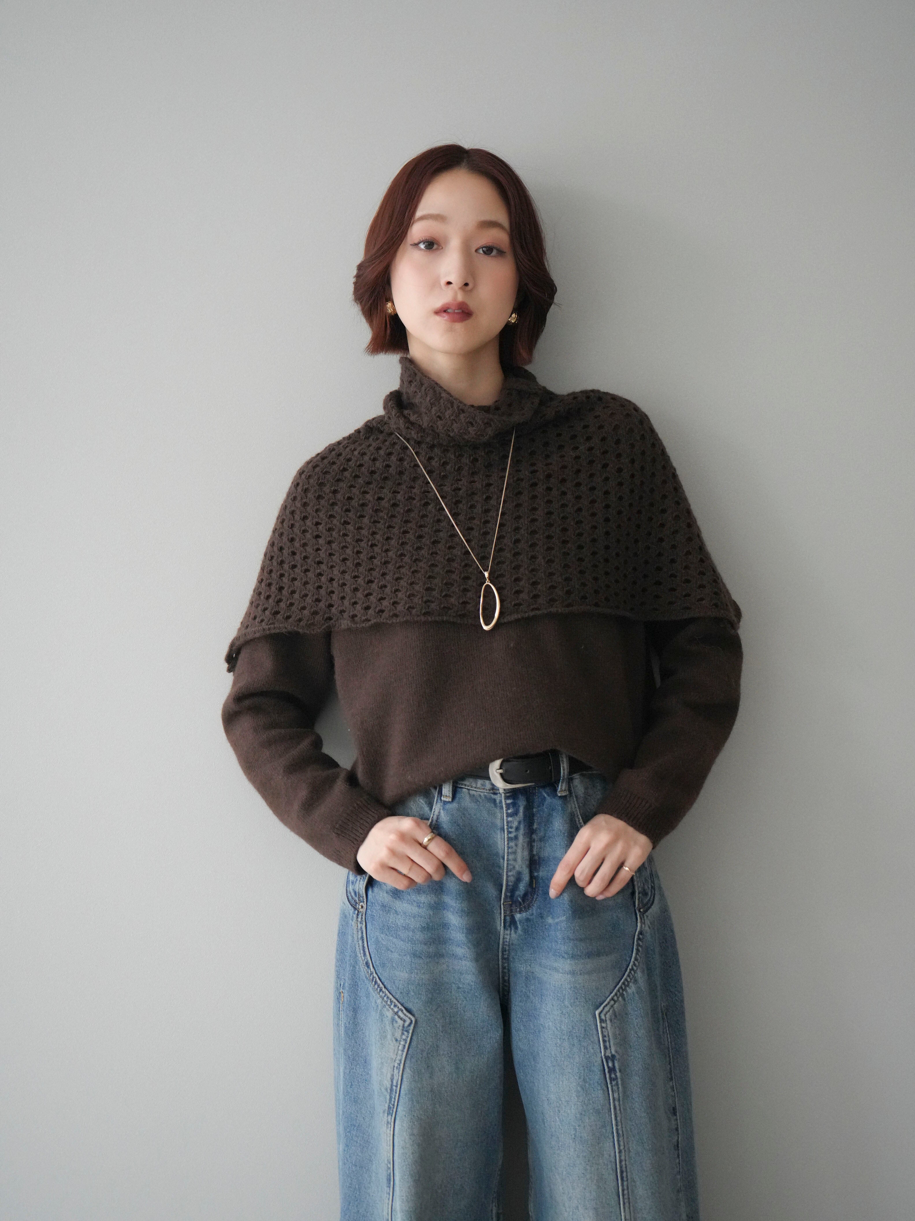 ルルウィルビー　ケープアンサンブルニット 予約]メッシュケープアンサンブルニットプルオーバー/brown – Lumier
