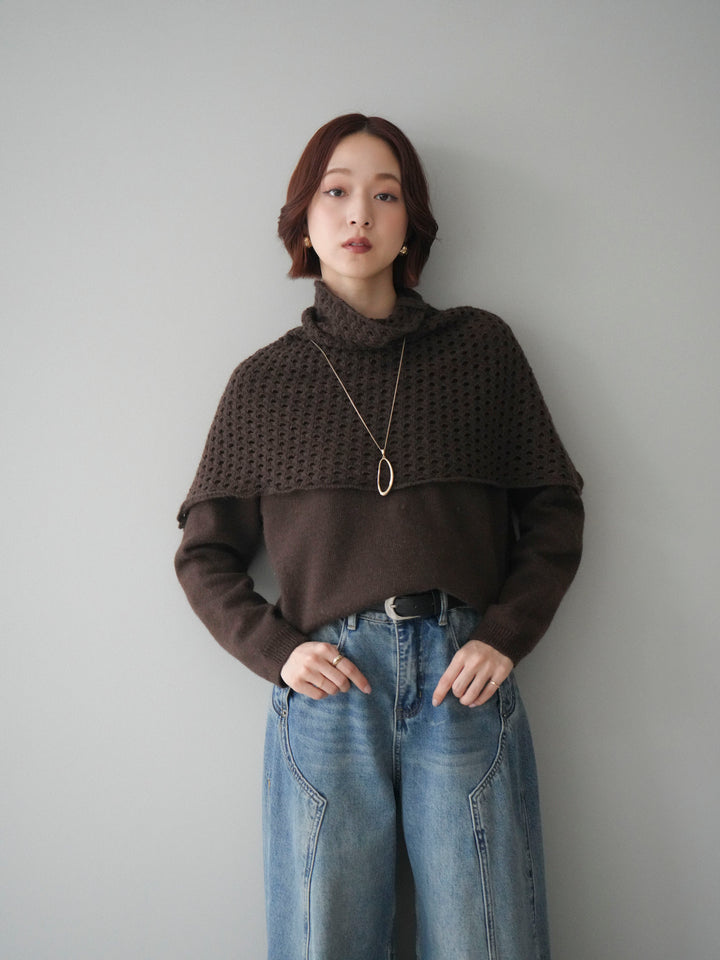 [予約]メッシュケープアンサンブルニットプルオーバー/brown