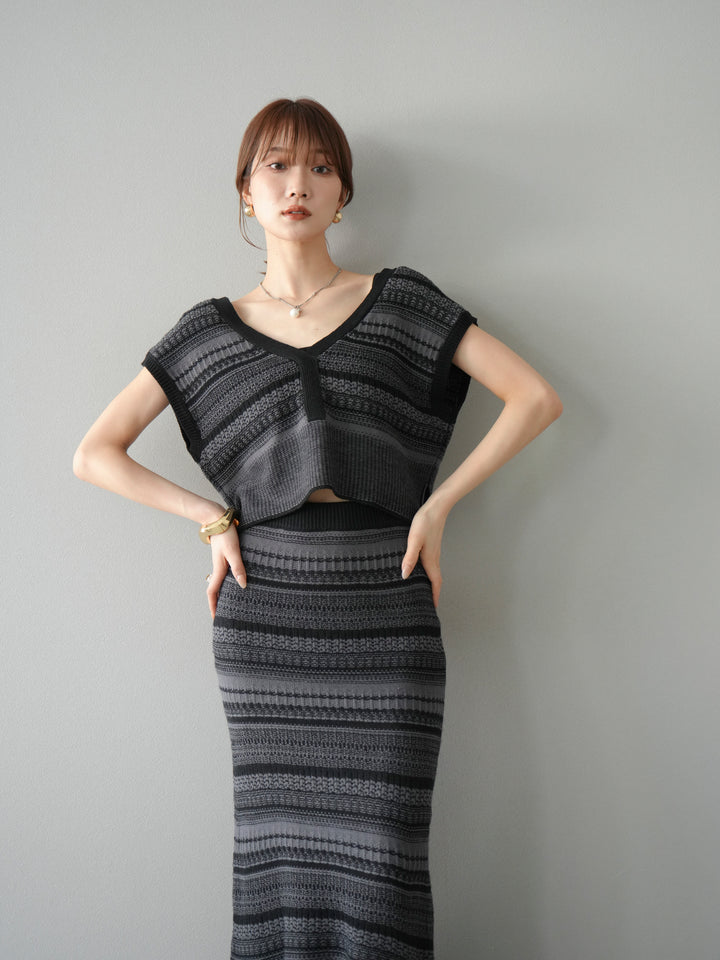 [予約]ガーター編み2WAYニットベスト/グレー×ブラック