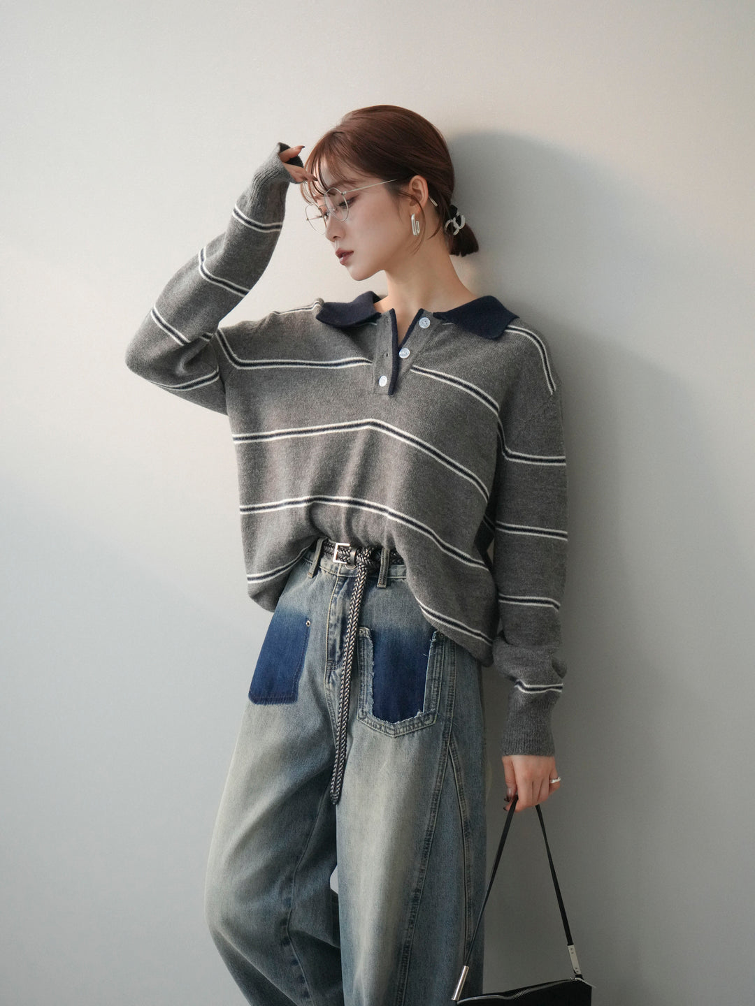 [予約]バイカラーボーダーポロニットプルオーバー/gray