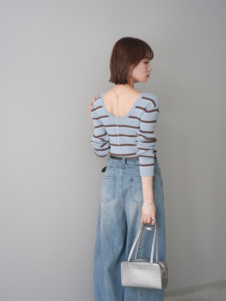 [予約]バックオープンテレコリブマルチボーダートップス/blue