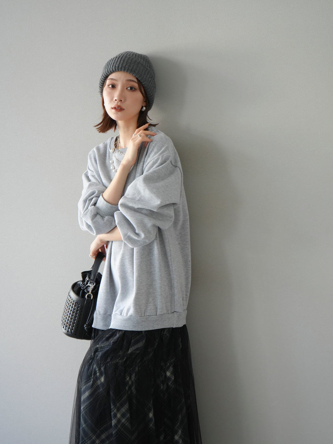 [予約]スウェットドッキングチェック柄レイヤードワンピース/グレー