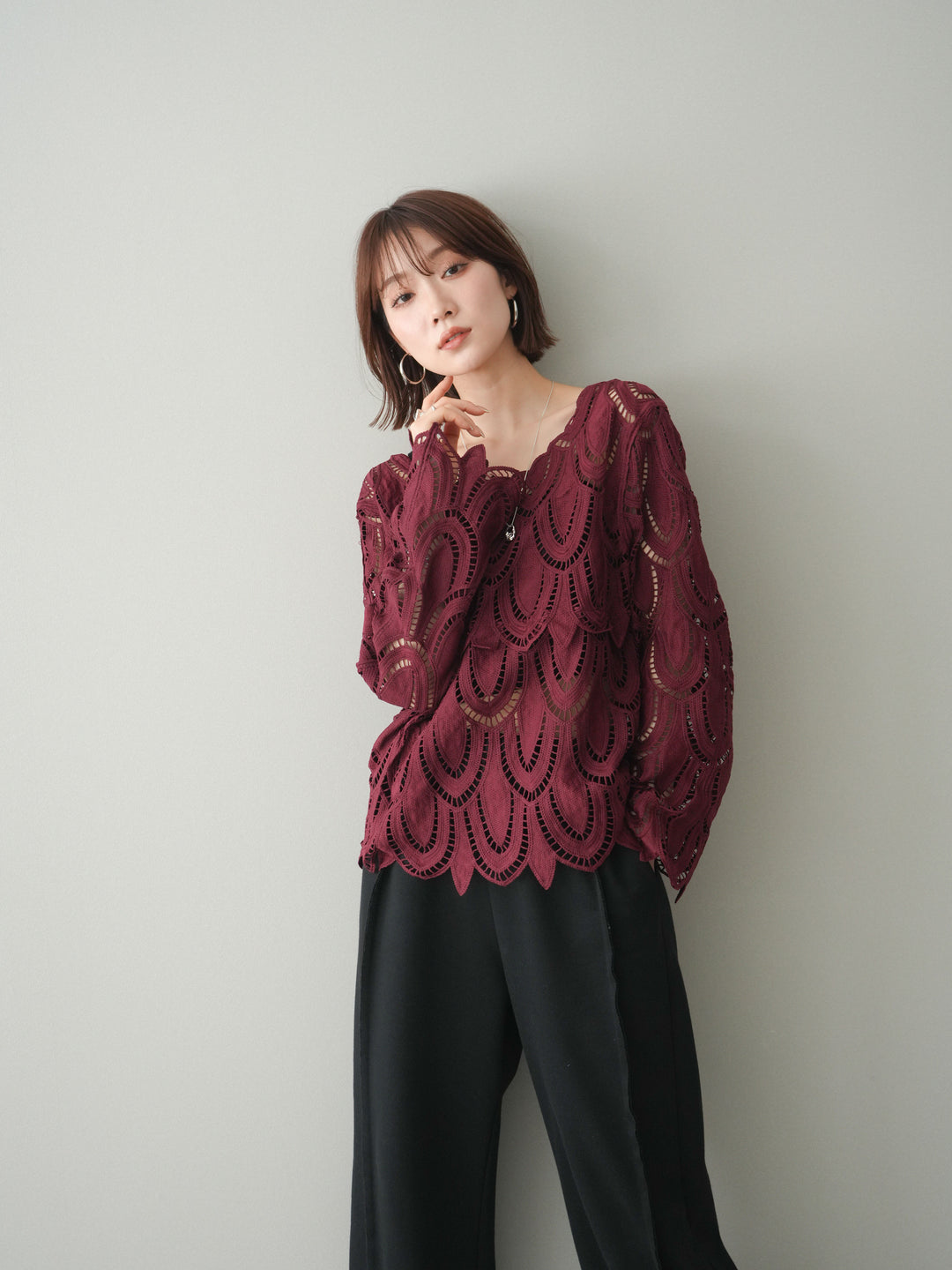 [予約]透かしコードレースブラウス/bordeaux