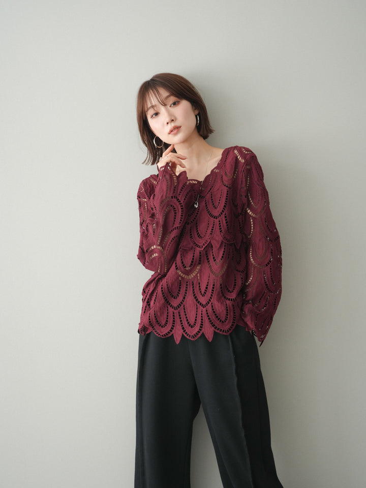 [予約]透かしコードレースブラウス/bordeaux