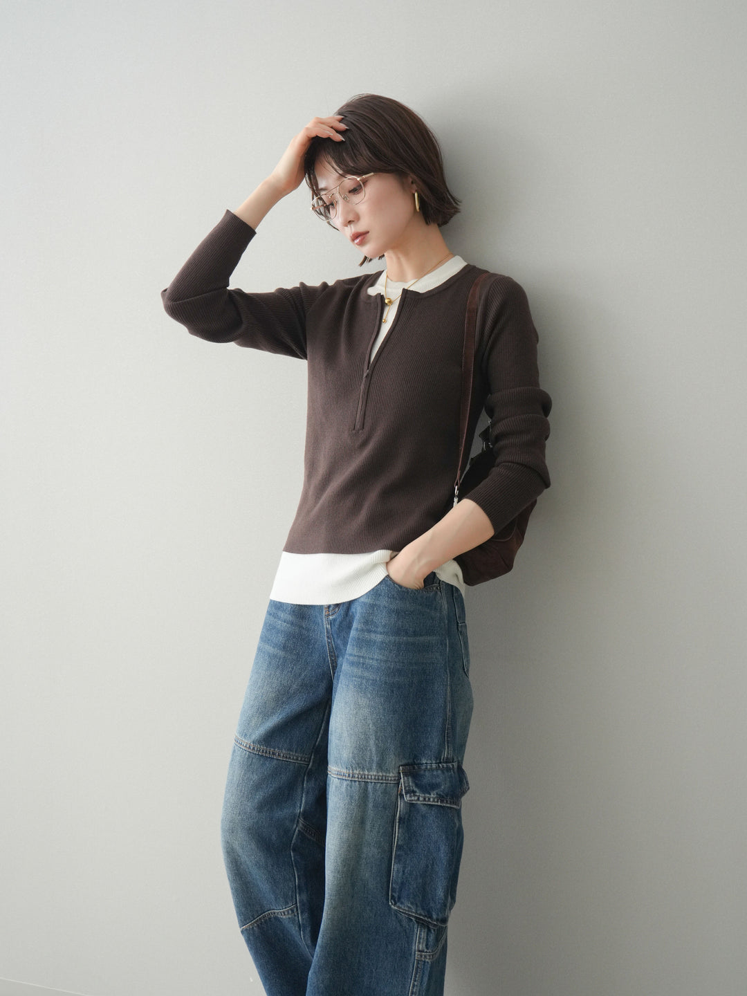 [予約]フロントジップ配色レイヤードニットトップス/choco