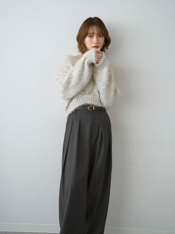 [SET]Vネックシャギークロップニットトップス+ツイルタックワイドパンツ(2set)