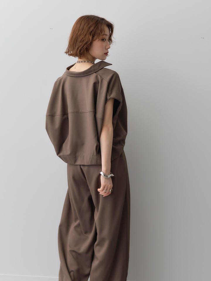 【套裝】縐綢燈籠無袖襯衫 + 縐綢闊腿褲（兩件套）