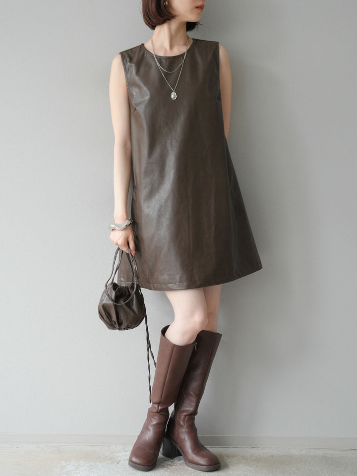 [予約]ショルダーポーチ付レザーミニワンピース/ブラウン