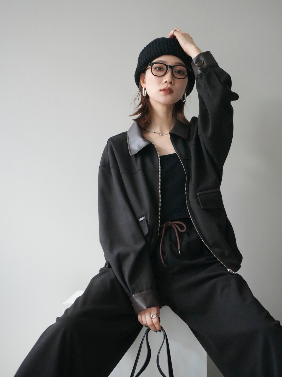 [予約]レザー襟配色パイピングブルゾン/black