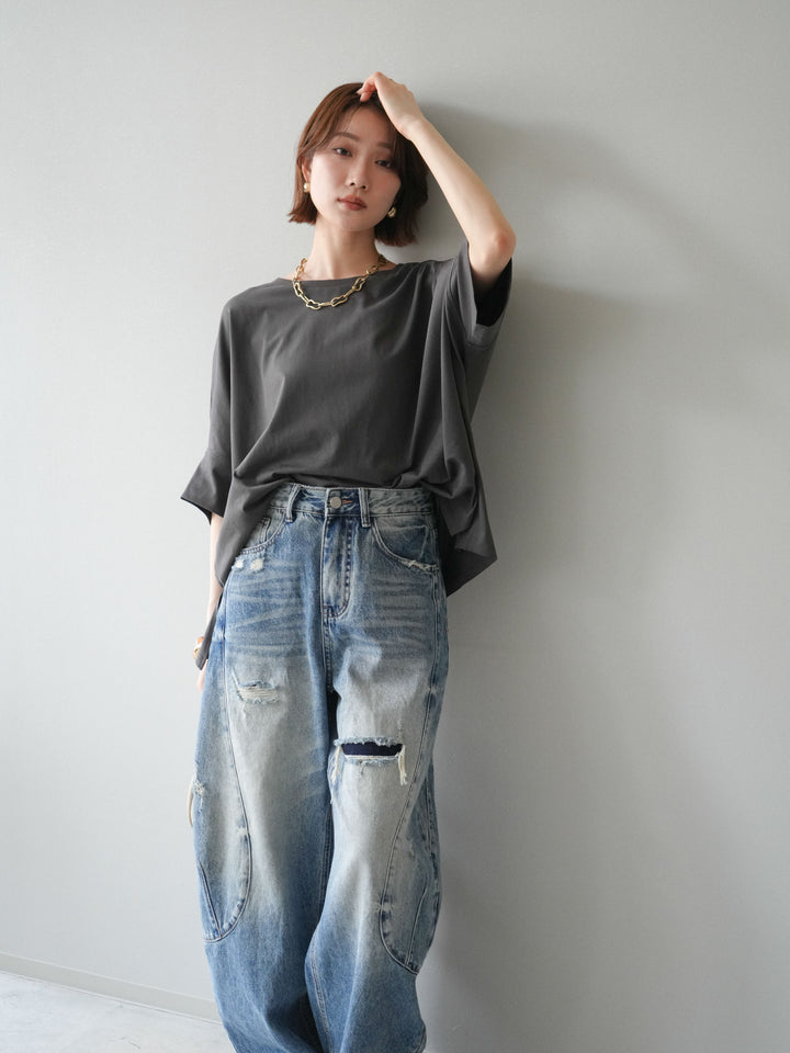 [SET]ドルマンワイドフレアトップス+ダメージカーブワイドデニムパンツ(2set)