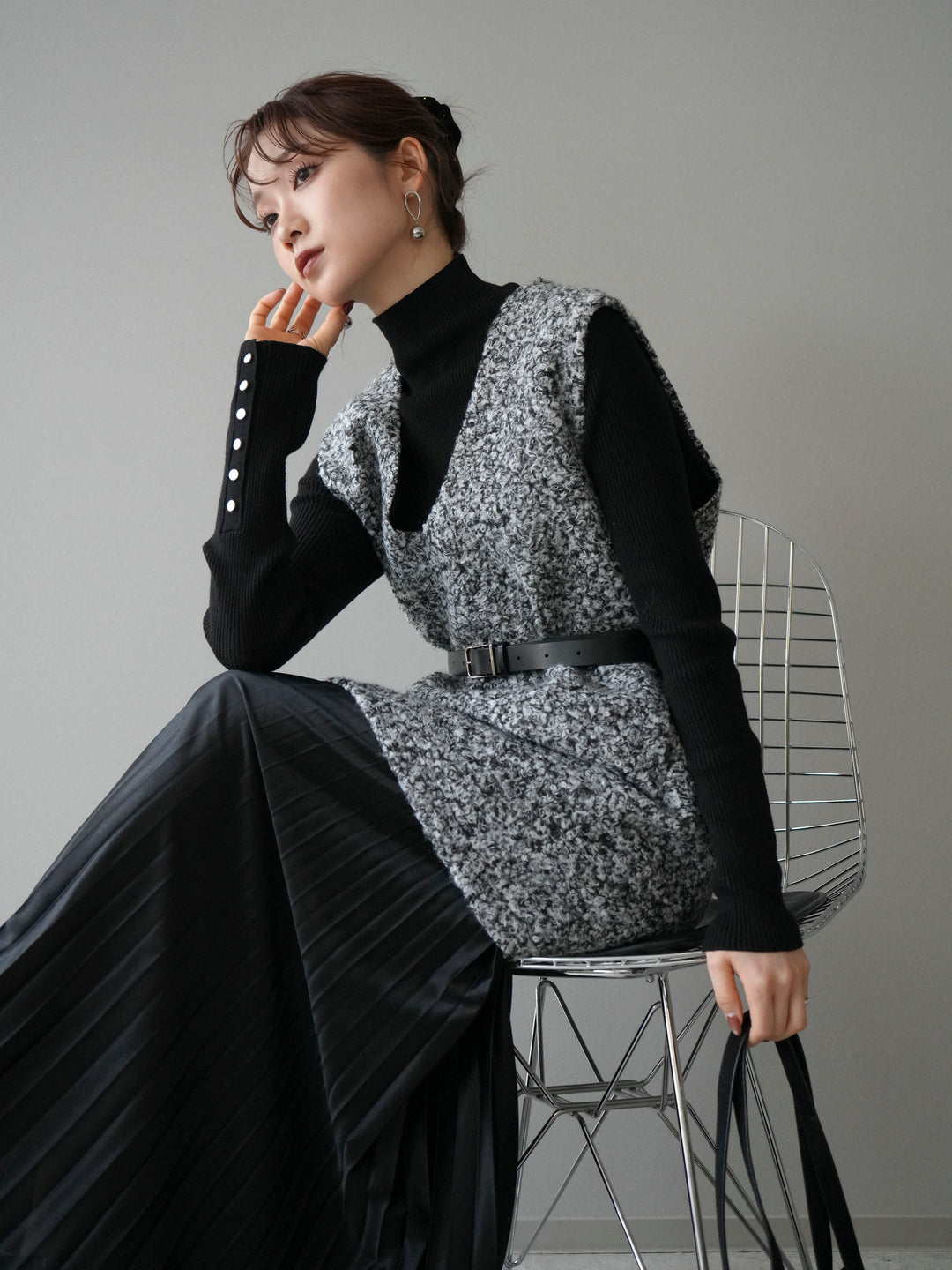 [予約]ミックスループヤーンニットミニワンピース/gray